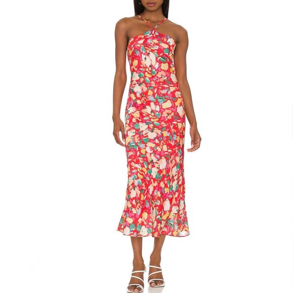 BCBGeneration Dresses & Skirts - BCBGeneration Midi Dress Size M Red Floral Halter Neck Maxi Wedding Guest Party